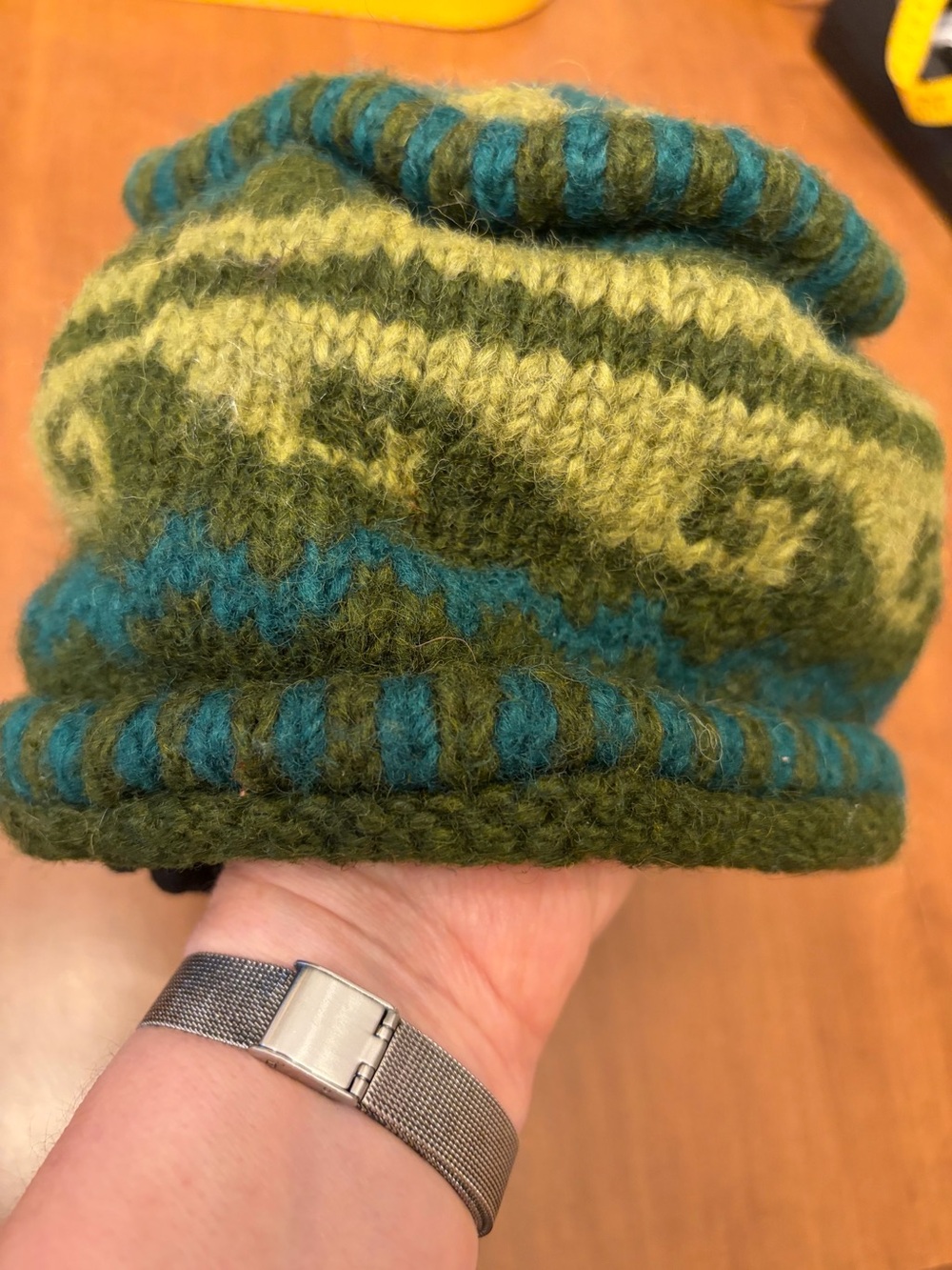 Kathmandu Imports Green Lined Knit Beanie Hat With Pom Poms 100% Wool